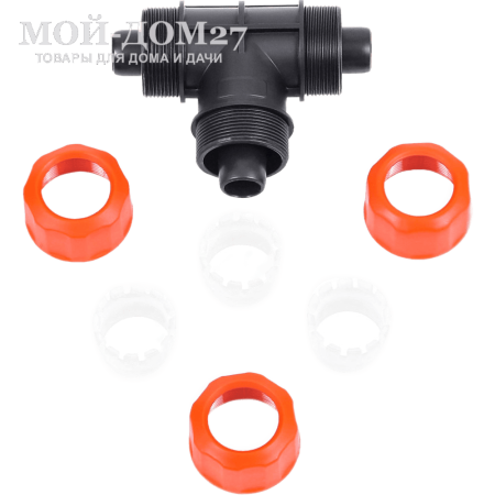 Тройник цанговый ЖУК 3/4" | Мой-Дом27 | <b>Материал:</b> пластик <br>
 <b>Диаметр:</b> шланг 3/4<br>
 <b>Применение:</b> для разветвления шлангов диаметром 3/4-3/4-3/4<br>